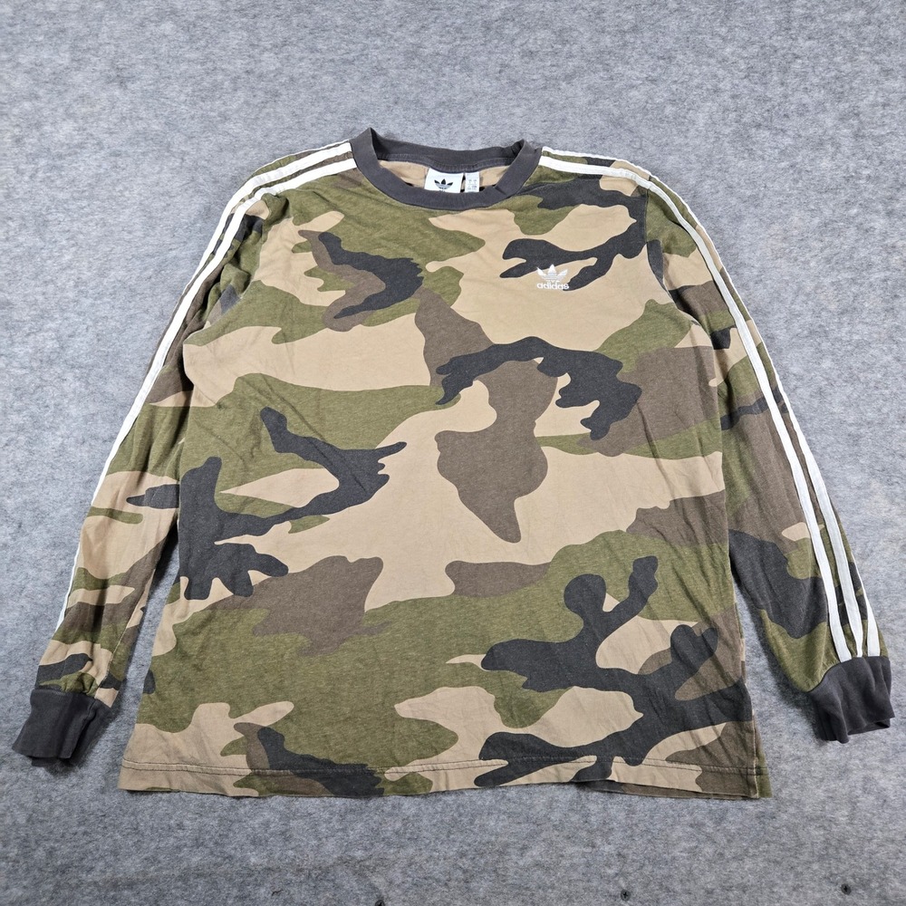 Adidas Mens Green Camo Originals 3-Stripe Long Sleeve T-Shirt Size L DV2055